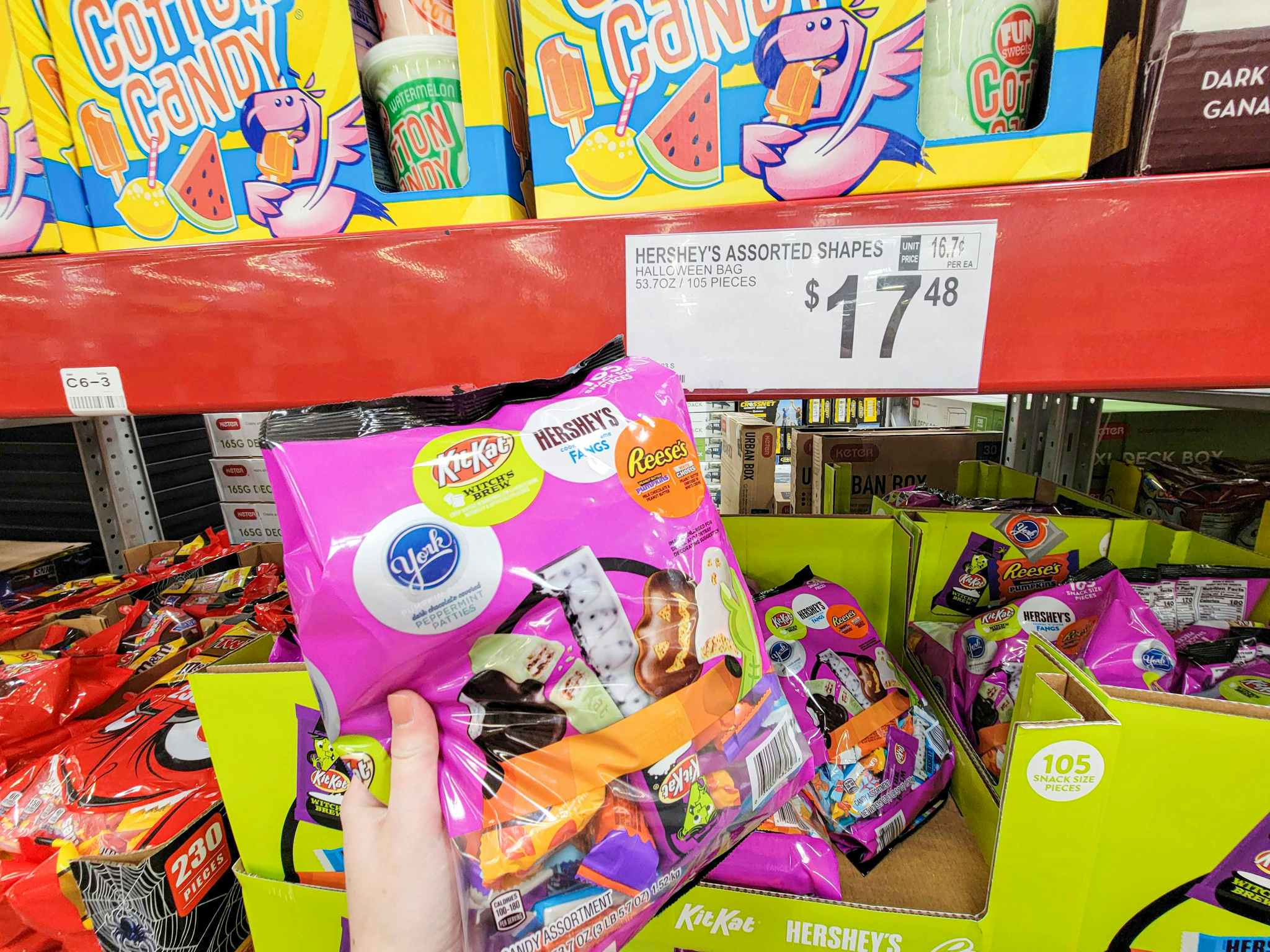 hand holding a large bag of assorted hersheys halloween candy icnlduing york peppermint patties, kit kat, reese's etc