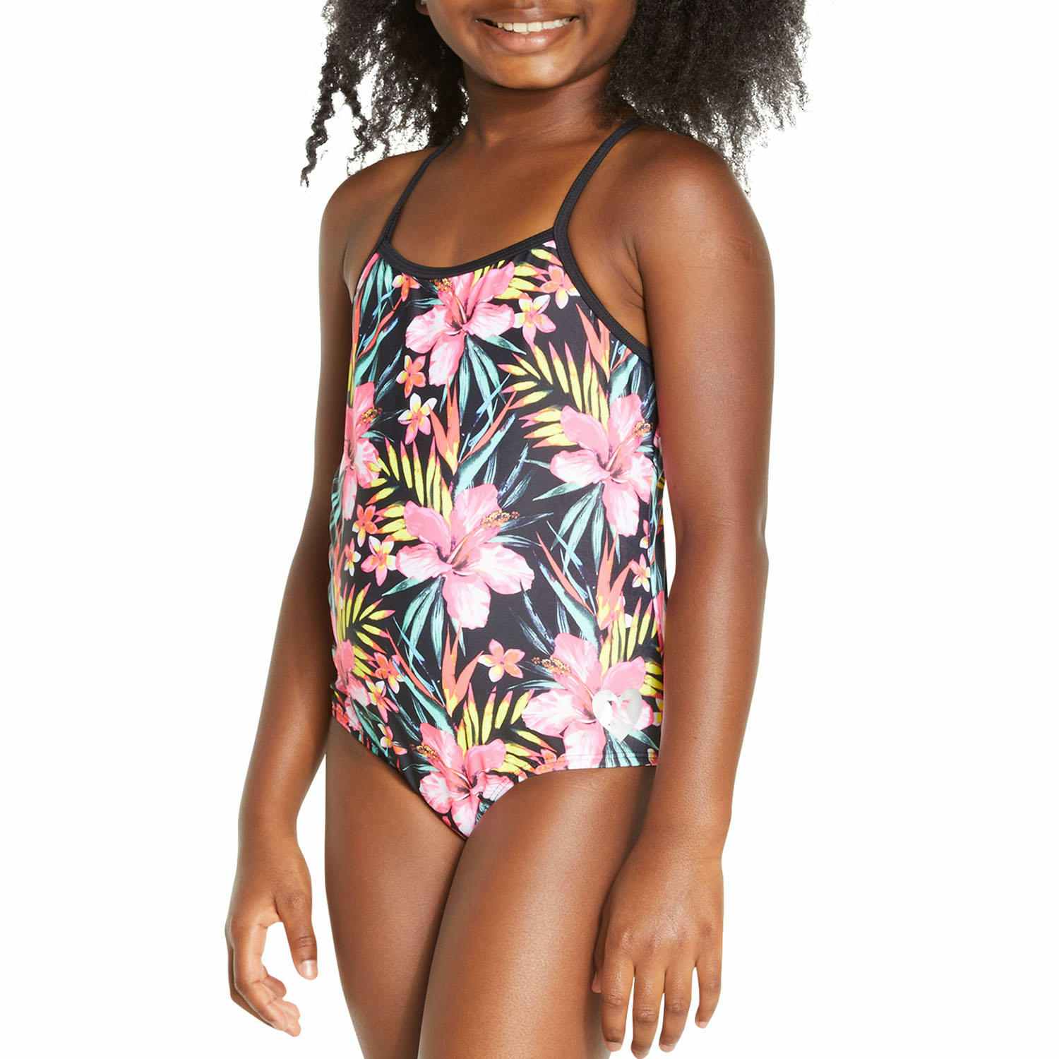 child wearing a one piece swimsuit with tropical flowers