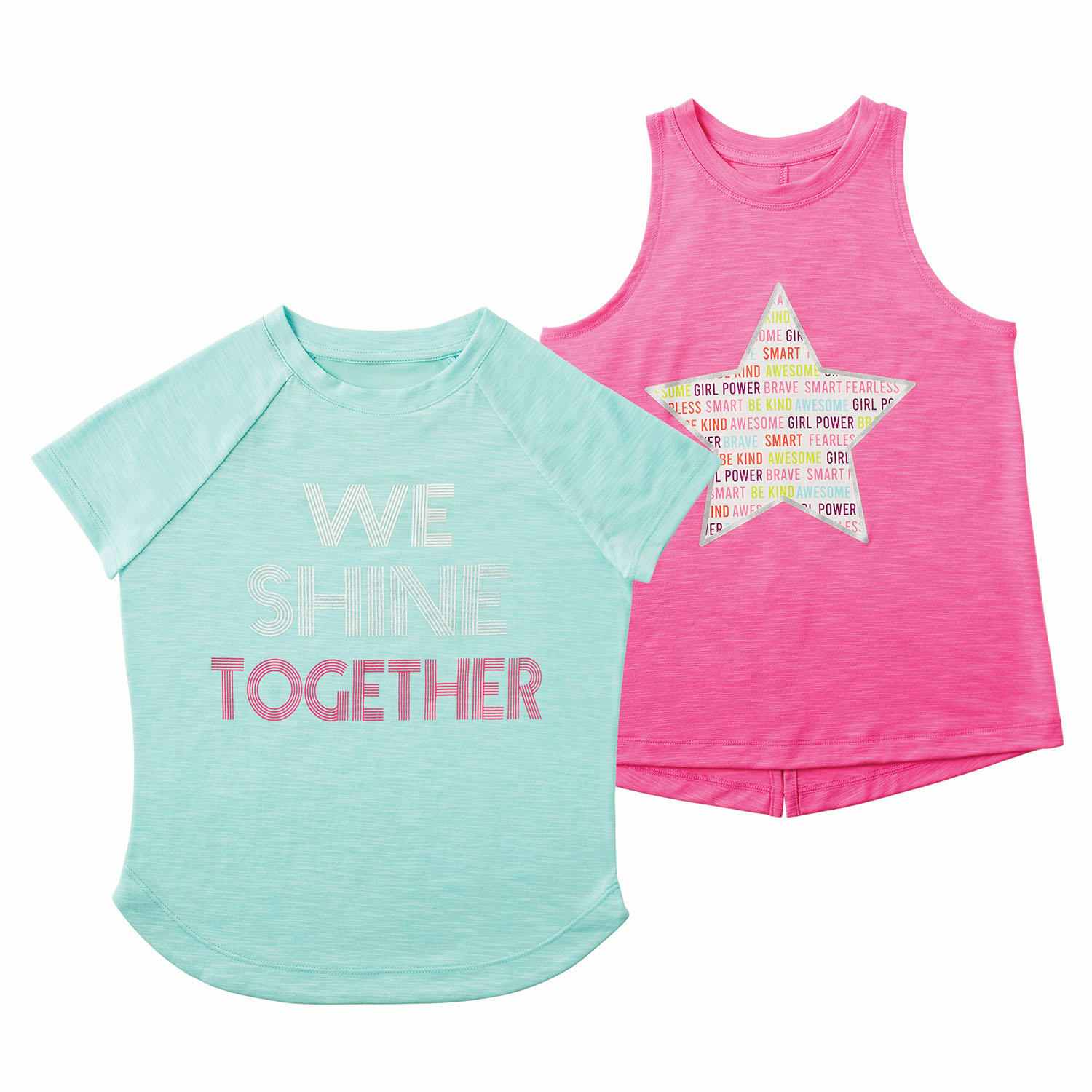 kids tees, short sleeve teal and a pink tank top with a star