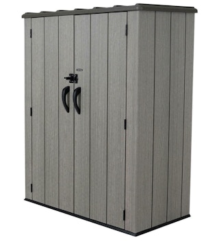 a grey 53 cubic foot vertical storage shed