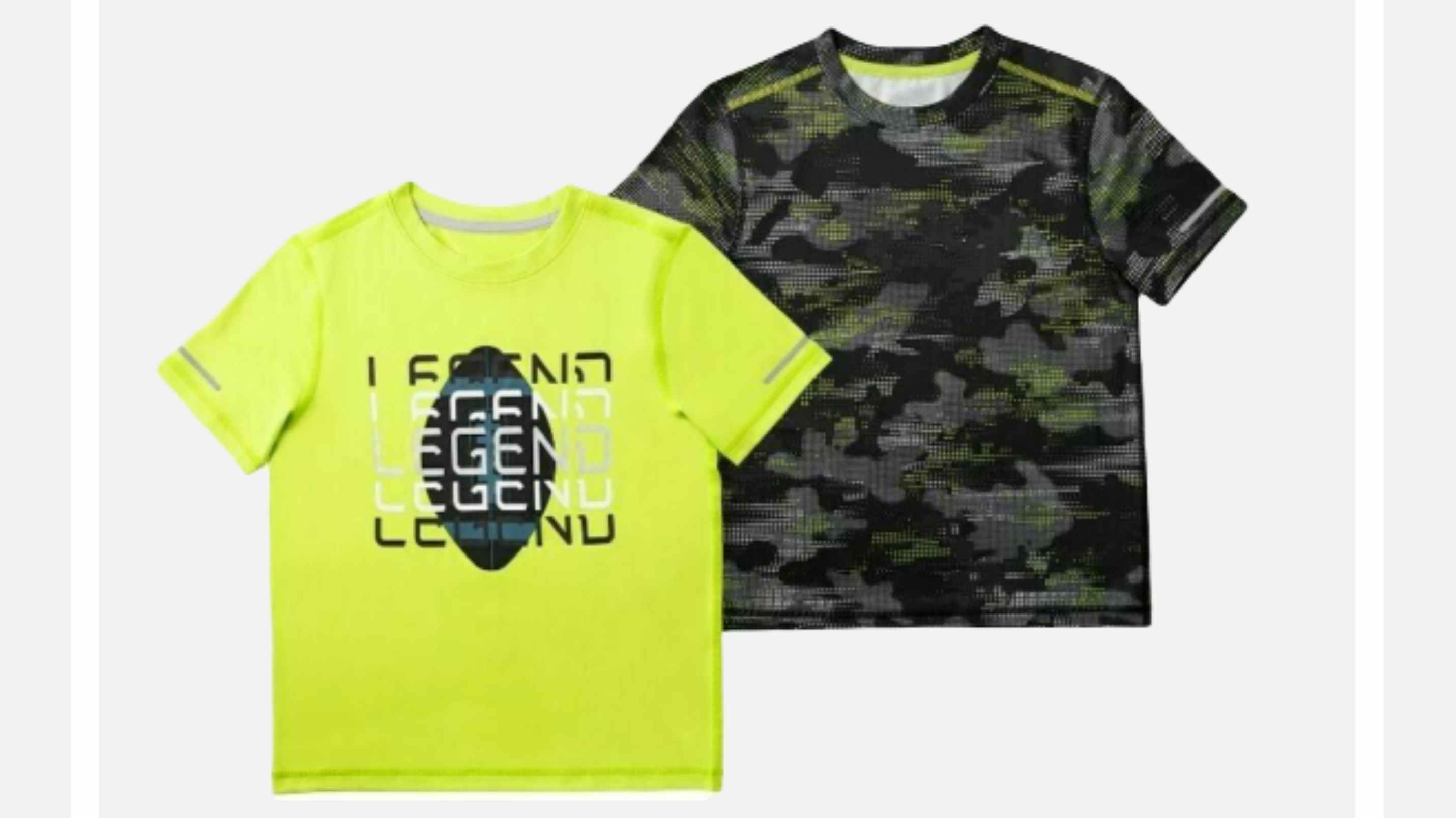 2 pack of tees for kids, one is lime green and says legend, the other is black and grey camo