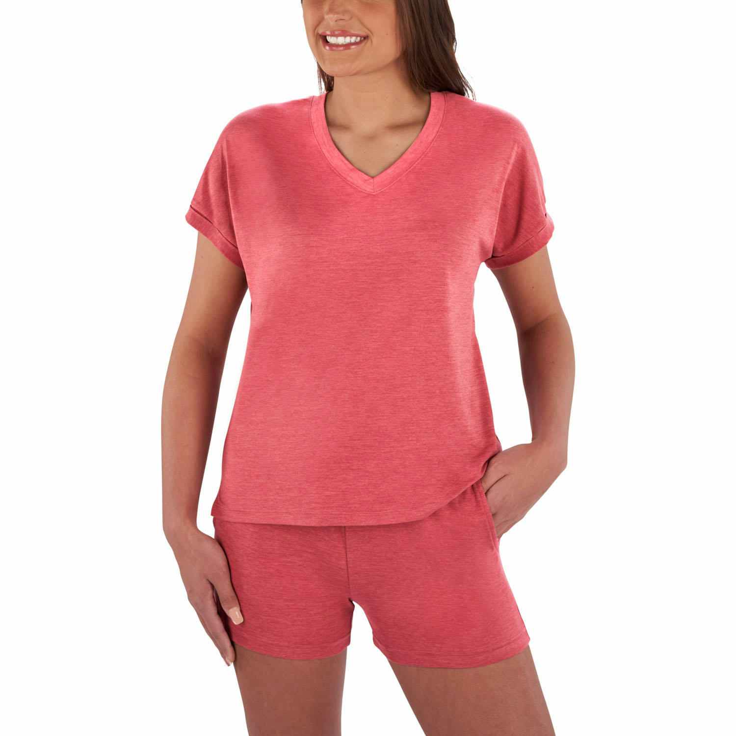 woman wearing pink shorts & tee