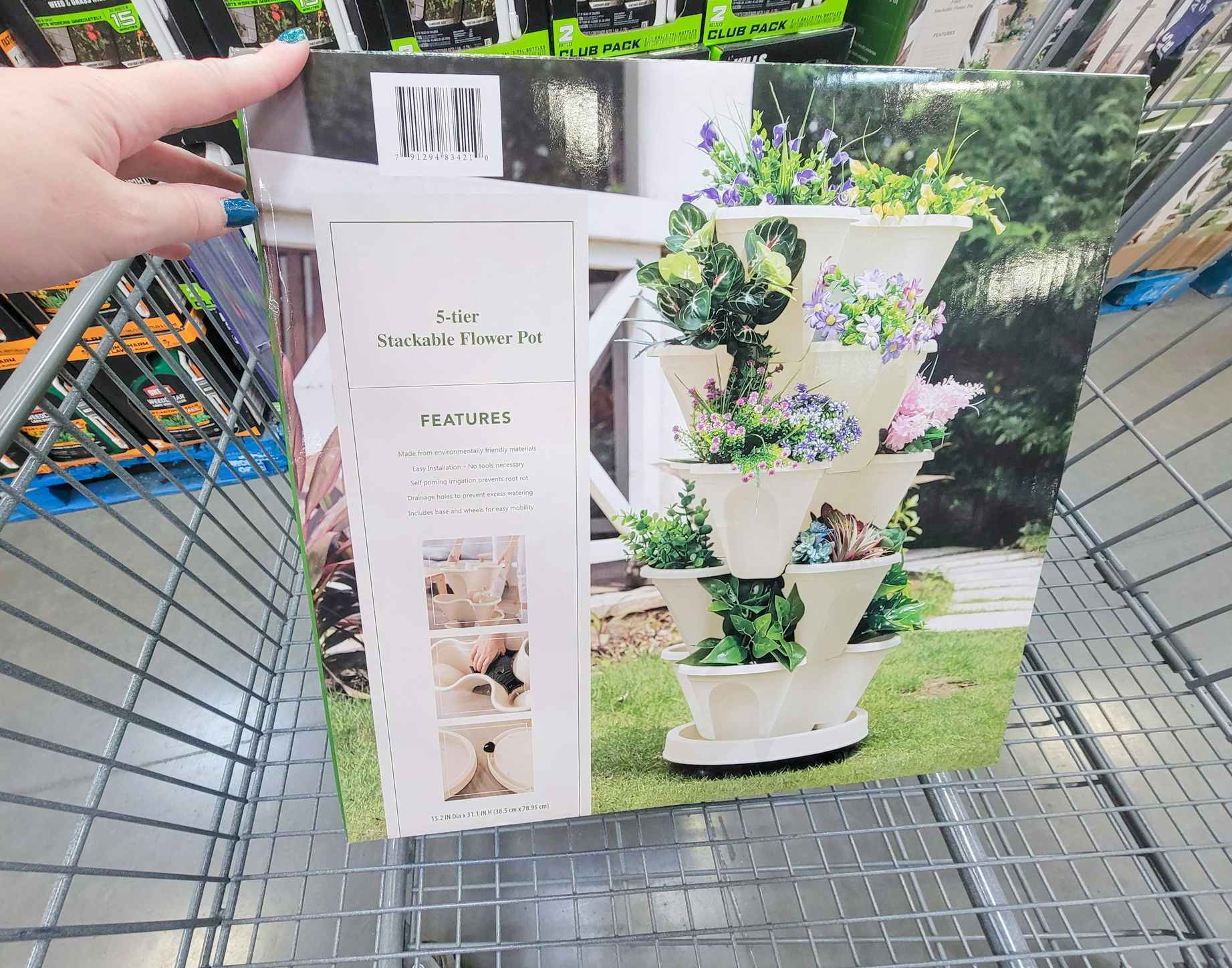 a tiered stackable planter in a cart