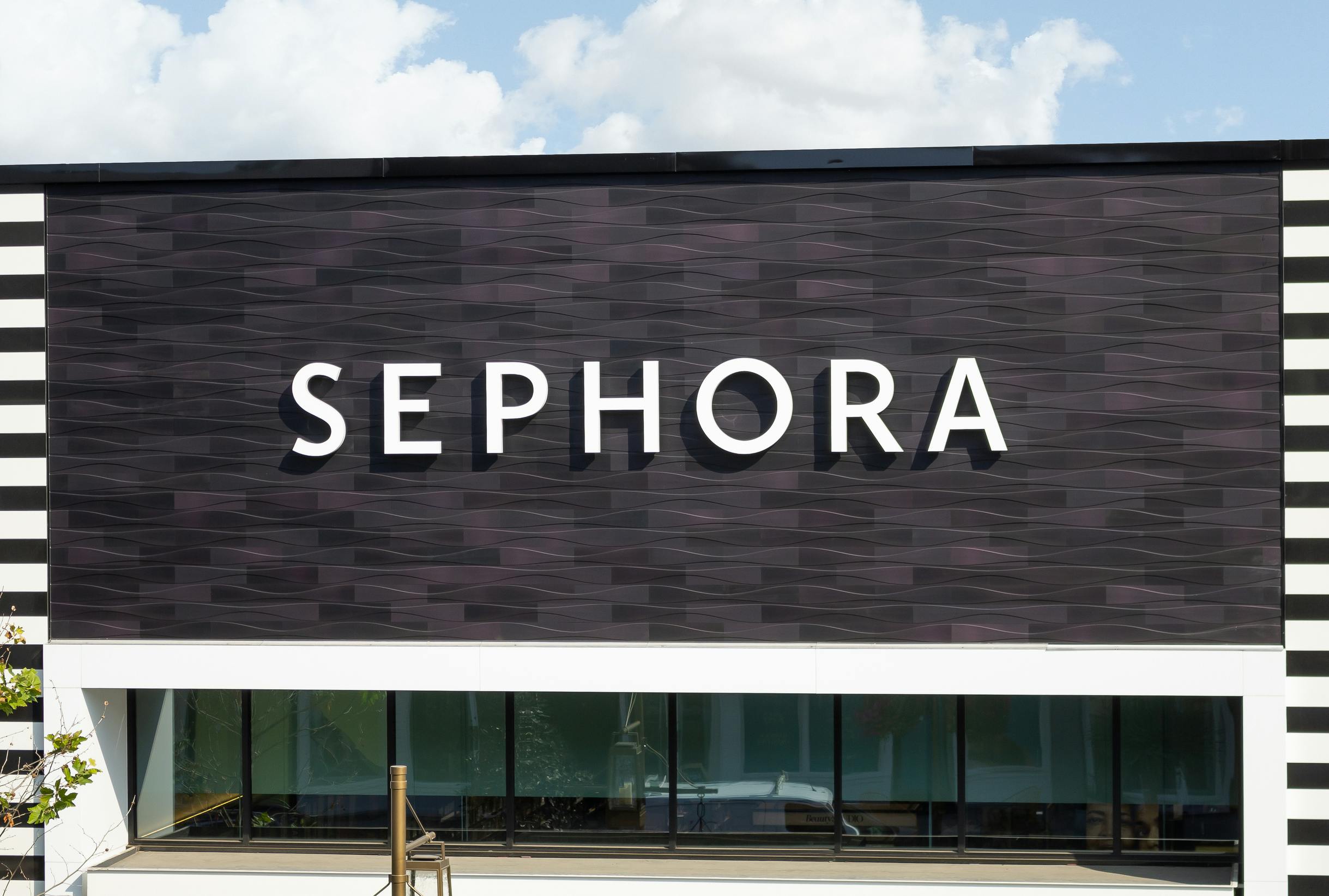 The outside front entrance of a standalone Sephora store