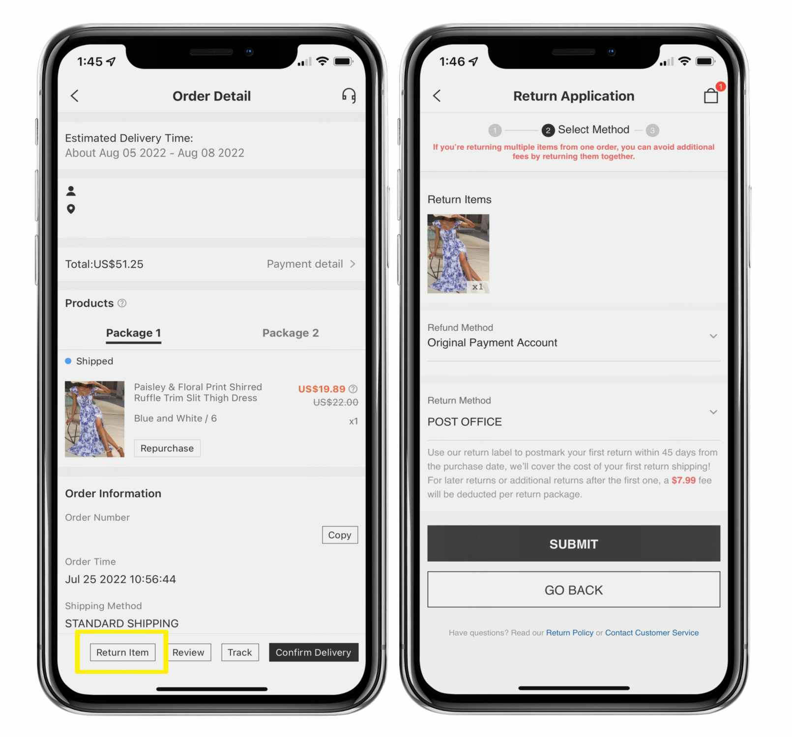 two iphone screenshots side by side showing the shein app return policy process