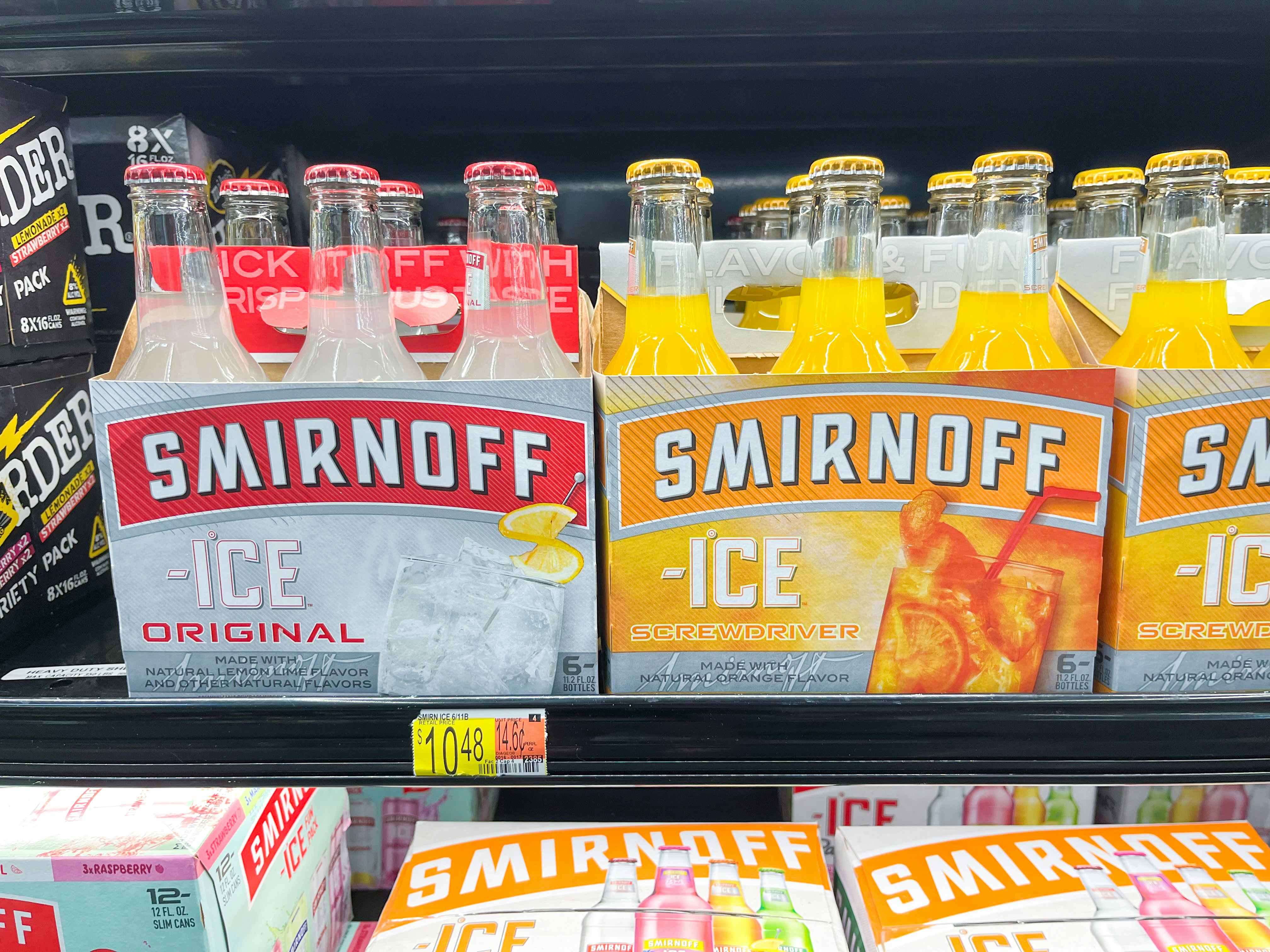two 6-packs of Smirnoff Ice on Walmart shelf