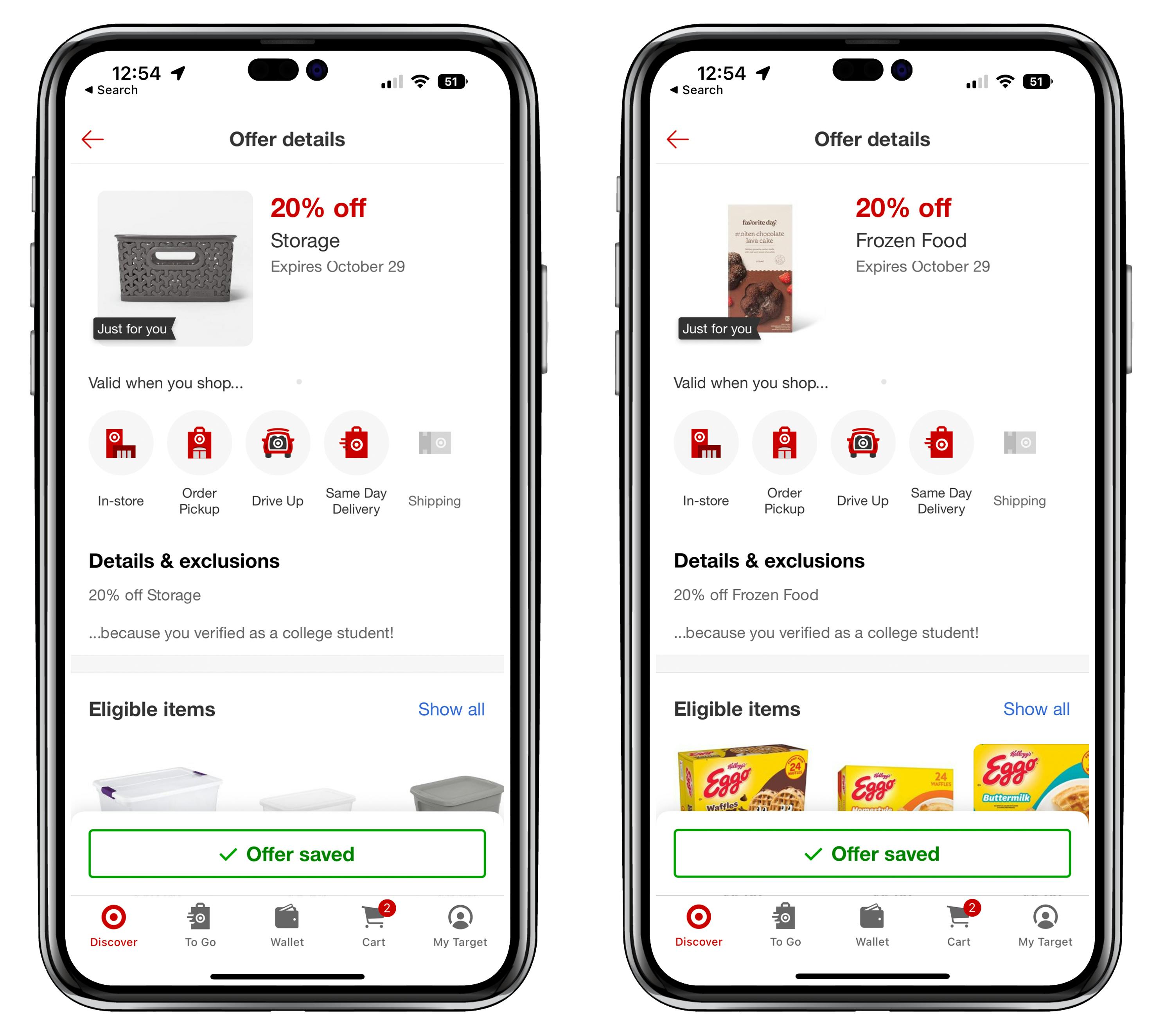 A graphic of two phones, one showing a 20% discount on Storage and the other showing a 20% discount on frozen food at Target.