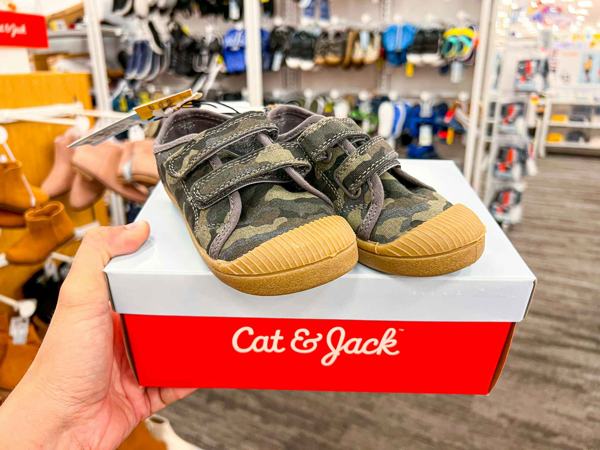 a hand holding a box of cat and jack toddler shoes