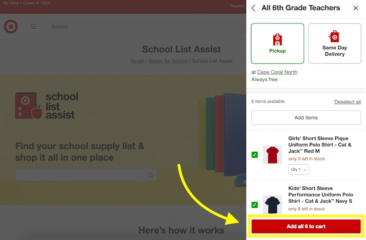 A screenshot showing the Target website's School List Assist sidebar with items selected and a yellow arrow pointing to a button with a yellow box around it that says "Add all 6 to cart