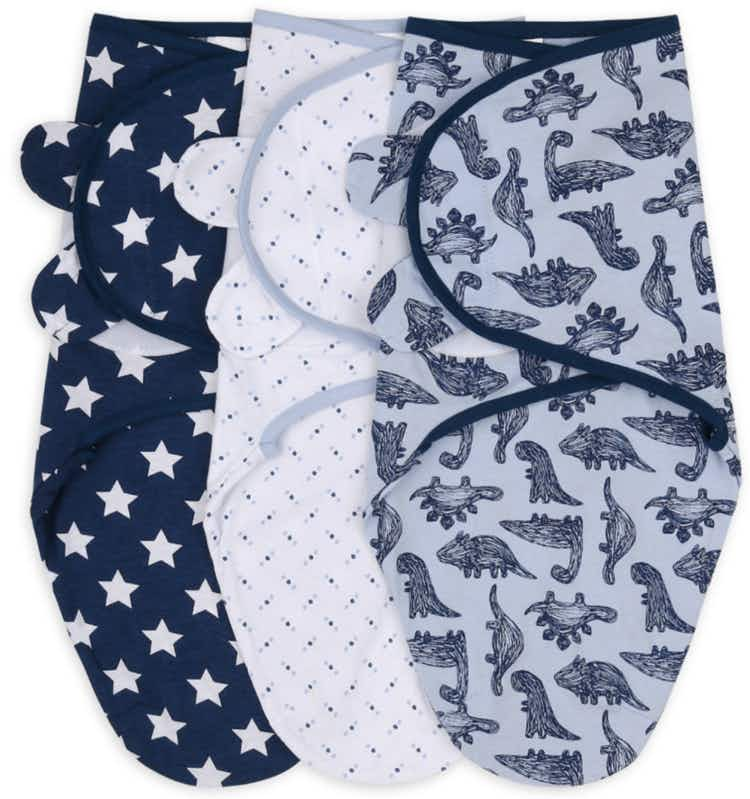 set of three blue dino swaddle blankets