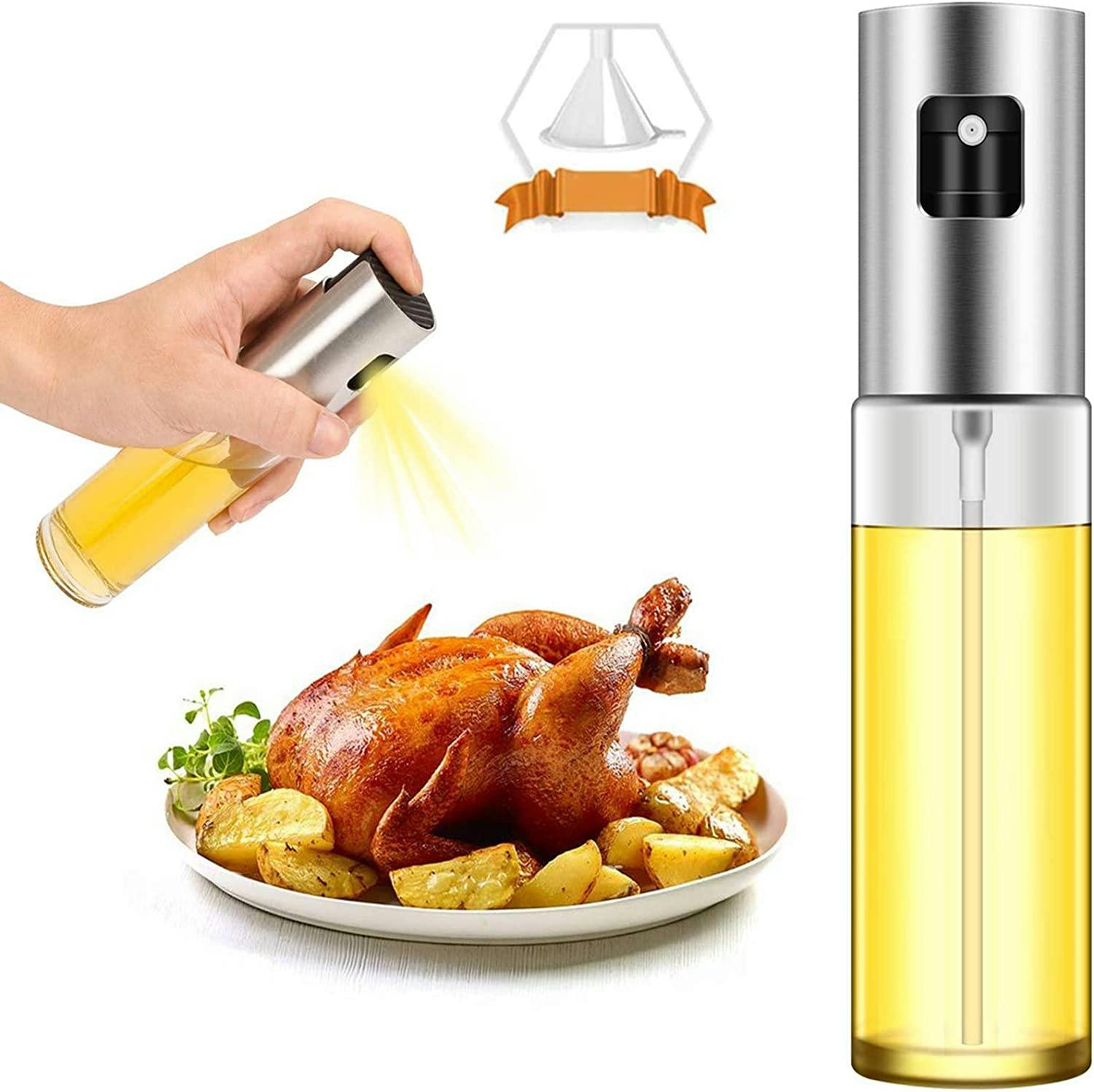 A Puzmug Oil Spray Bottle and an example of it being used on a cooked turkey on a white background