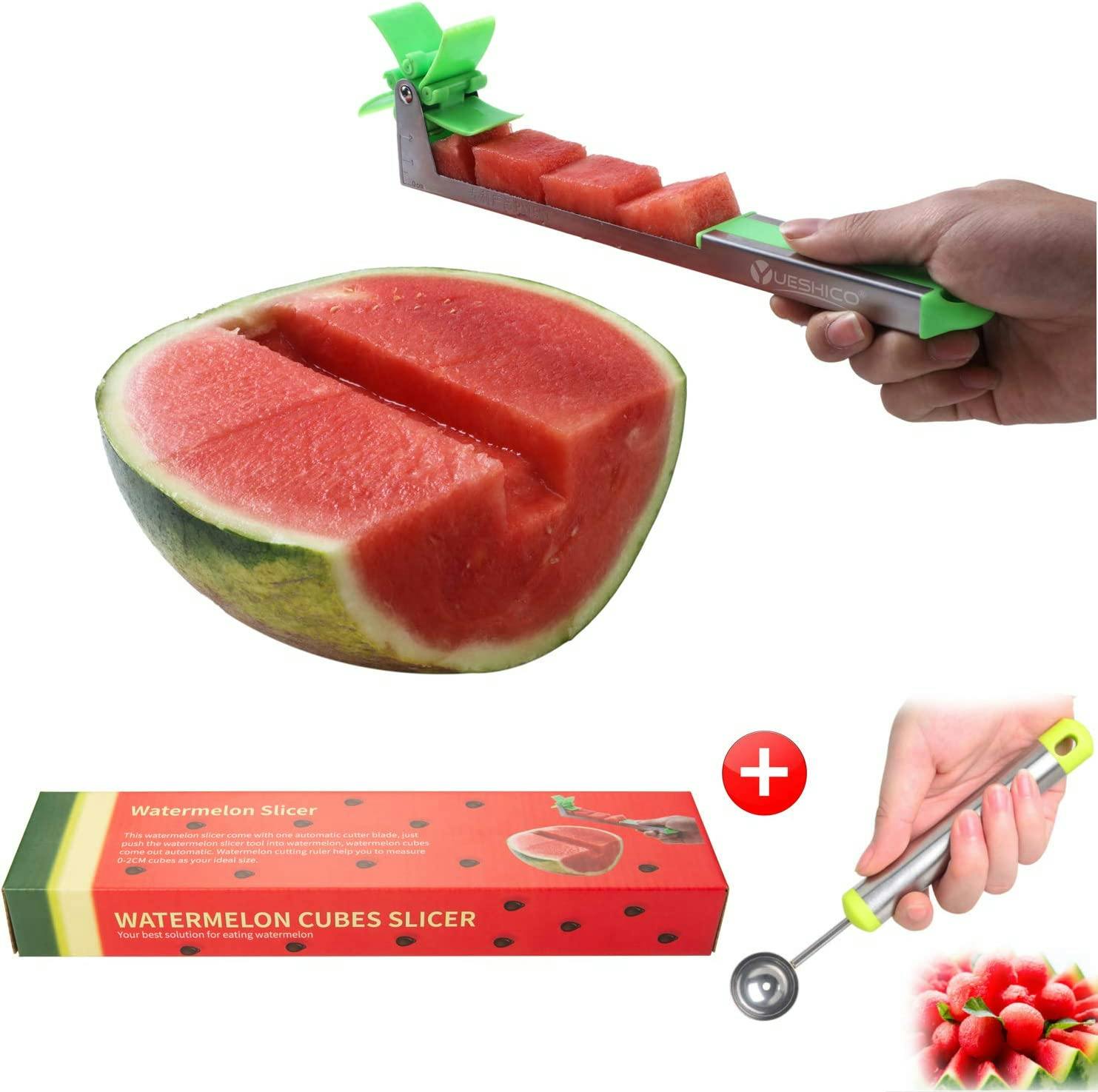 A Yueshico Watermelon Cubes Slicer being used on a watermelon on a white background.