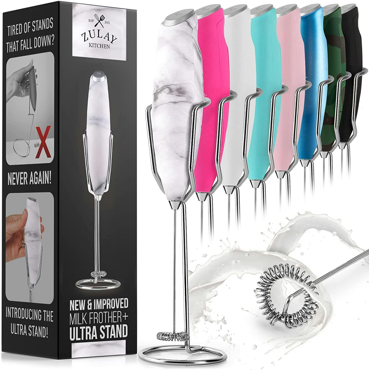 A Zulay Milk Frother showing the many different handle color options next to the box it comes in on a white background.