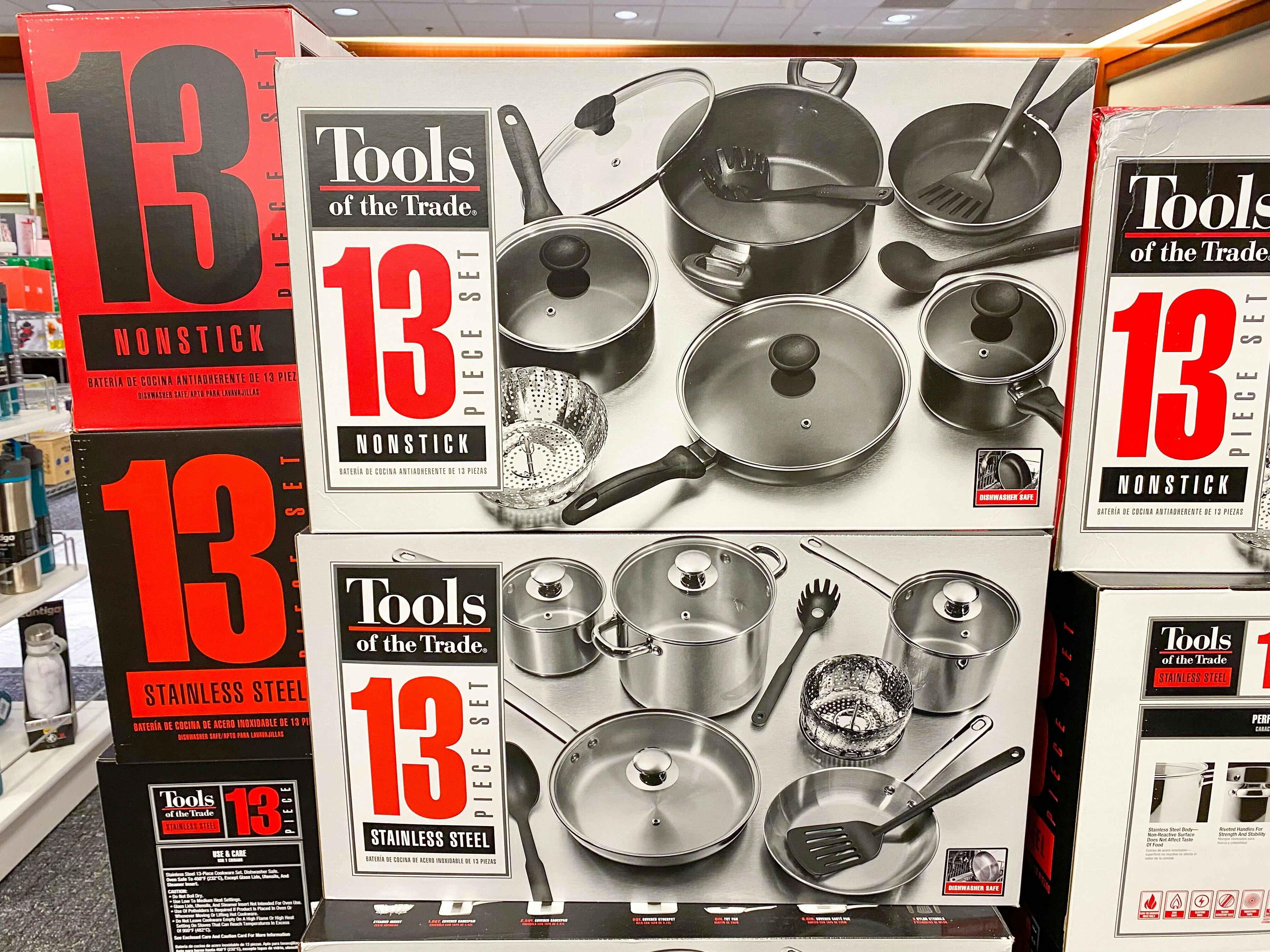 display of 13-piece cookware sets at Macy's