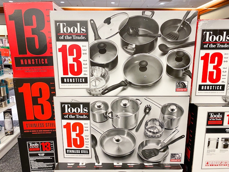 display of 13-piece cookware sets at Macy's