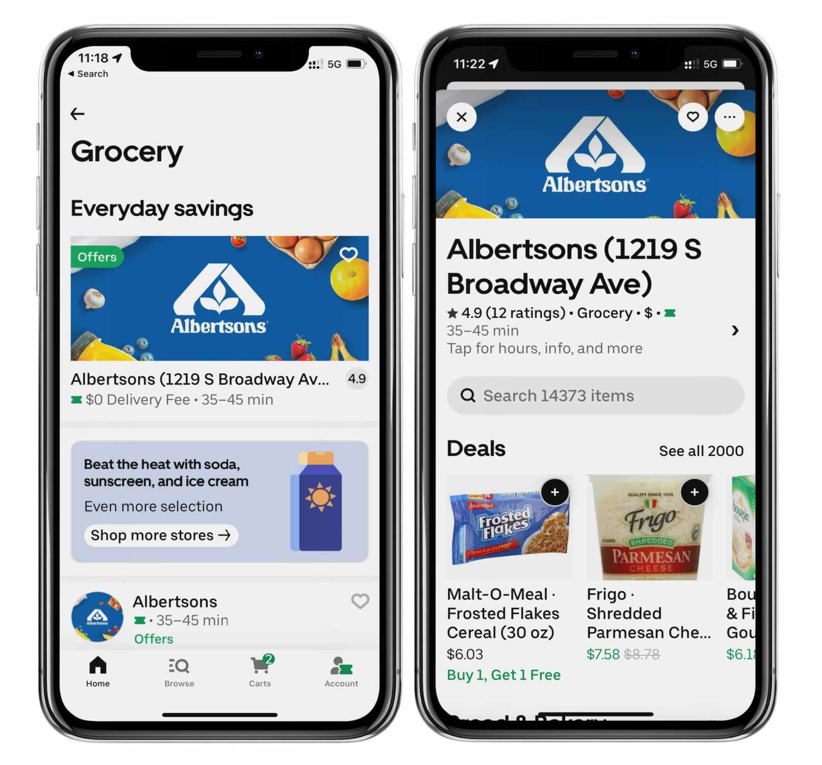 two iphone screenshots side by side showing a list of grocery stores available for uber delivery and the main Albertsons page in the uber eats app