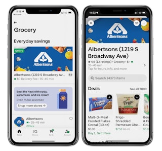 two iphone screenshots side by side showing a list of grocery stores available for uber delivery and the main Albertsons page in the uber eats app