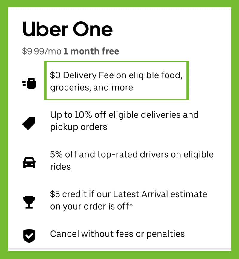 a screenshot of the uber eats app showing the uber one membership benefits, including free grocery delivery