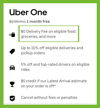 a screenshot of the uber eats app showing the uber one membership benefits, including free grocery delivery