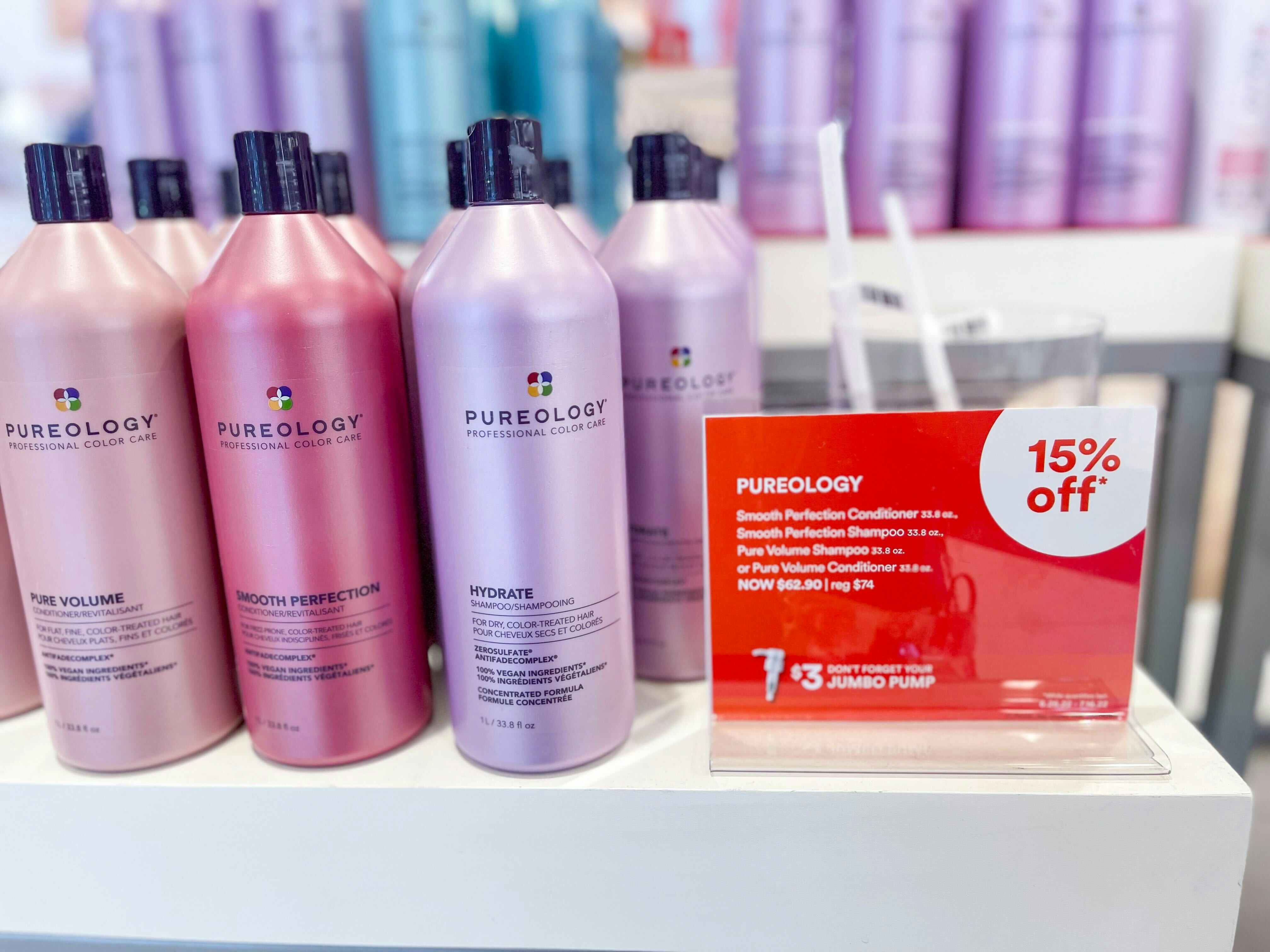 a display of jumbo pureology hair products