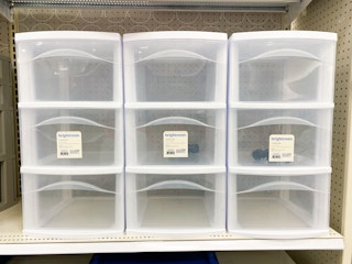 Three medium storage carts with three drawers on a Target shelf