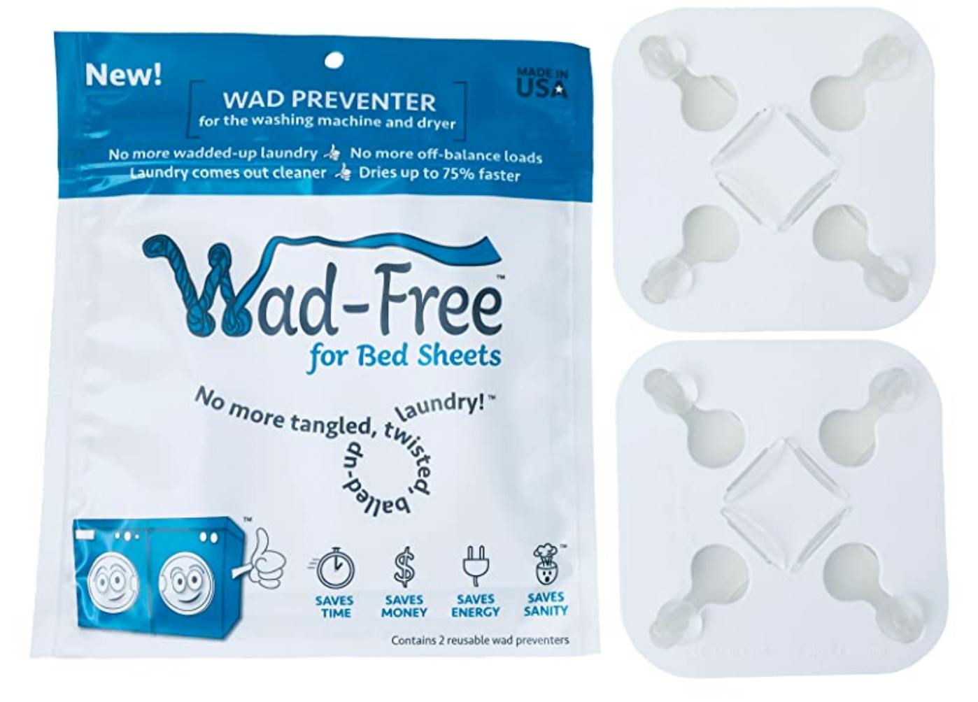 Two Wad-Free for Bed Sheets Detanglers and the bag they come in on a white background.
