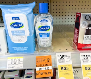 bottle of Cetaphil oil free makeup remover on shelf with Cetaphil cleansing cloths and clearance tag underneath