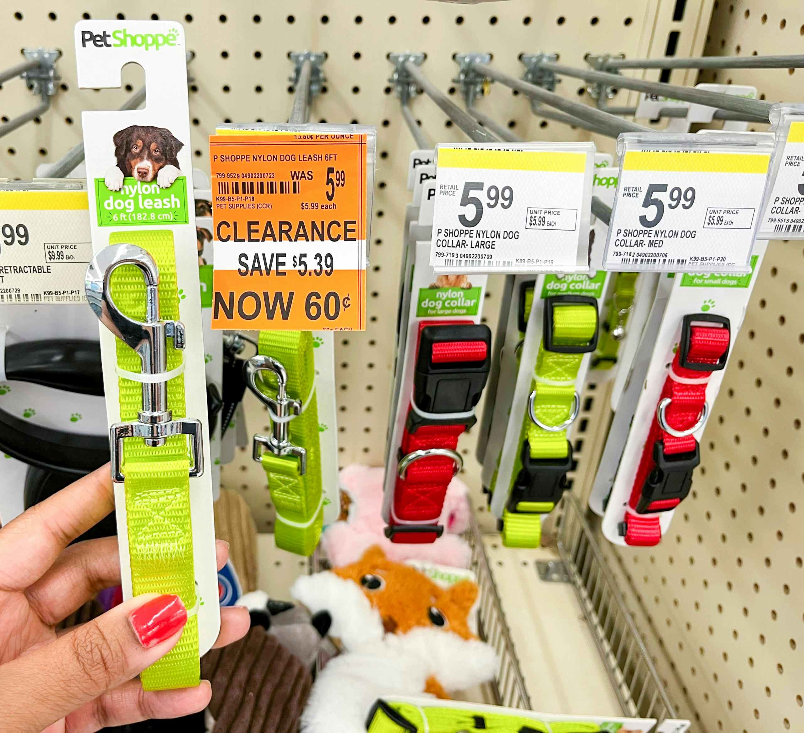 hand holding Petshoppe Nylon dog leash next to clearance tag