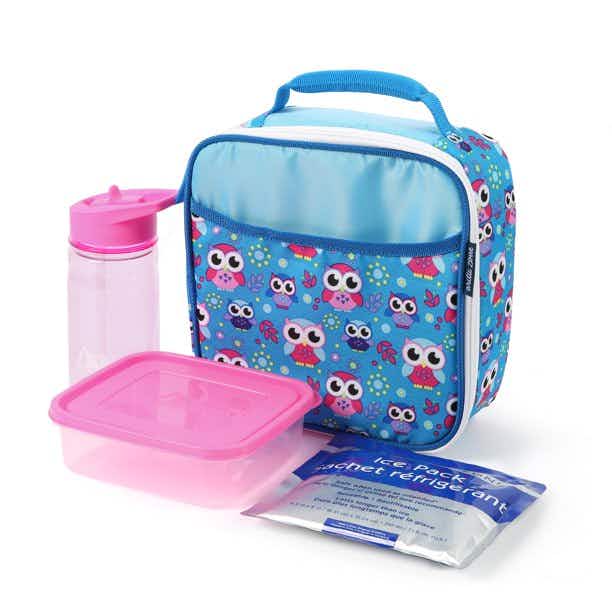 stock image of arctic zone owl lunch box with water bottle, container, and ice pack