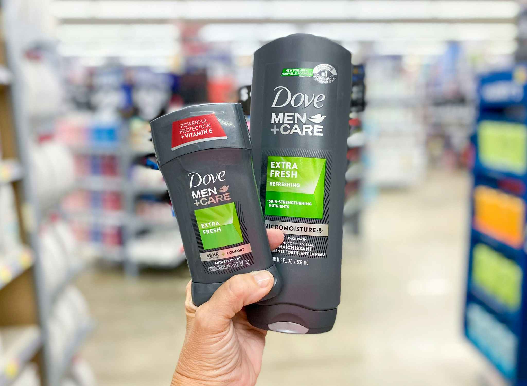 Dove Men+Care Body Wash and Deodorant held in aisle at Walmart