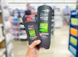 Dove Men+Care Body Wash and Deodorant held in aisle at Walmart