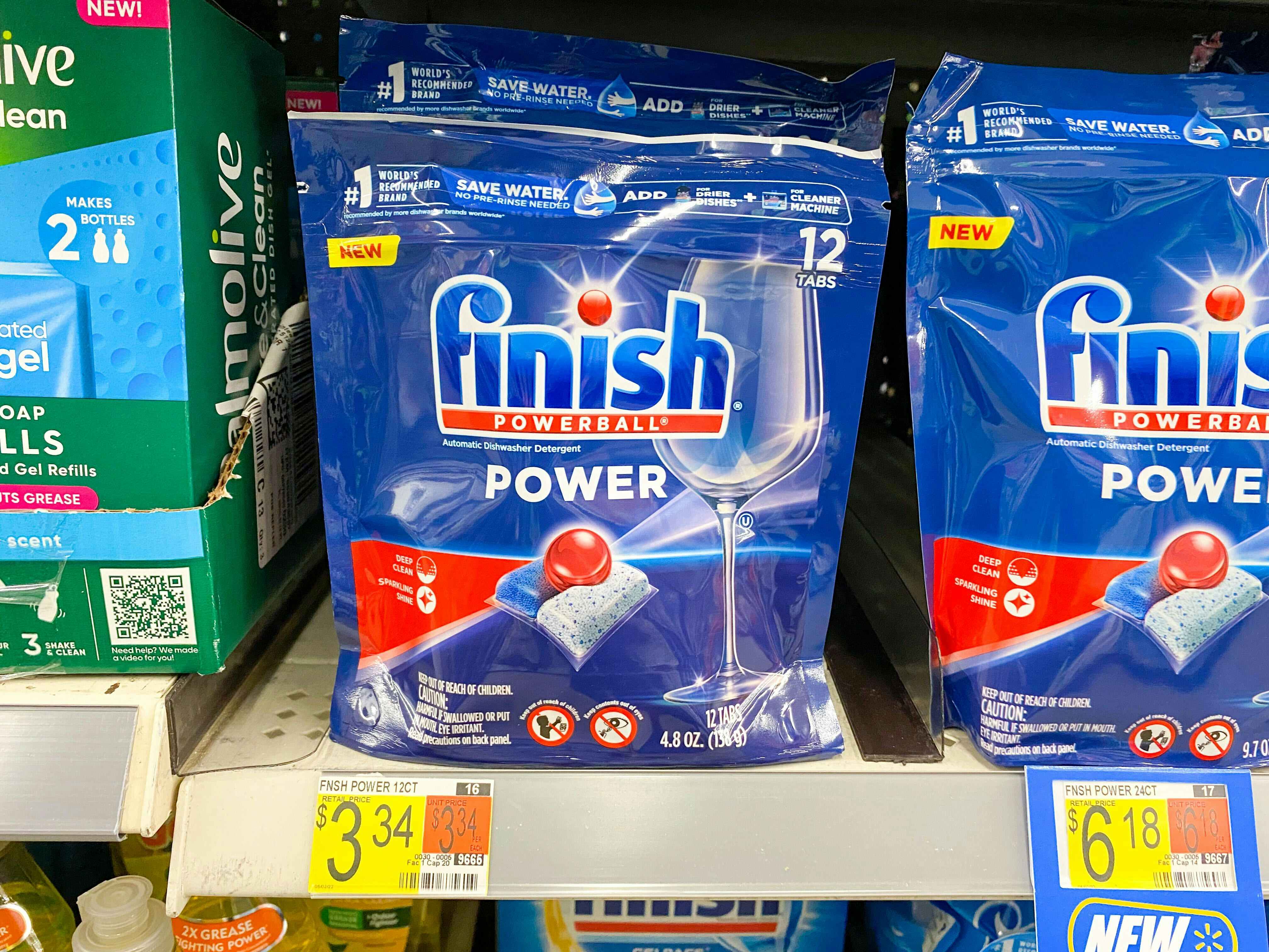 12-count Finish Power Dishwashing Tabs on shelf at Walmart. Price tag indicates that the price is $3.34.