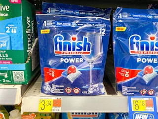 12-count Finish Power Dishwashing Tabs on shelf at Walmart. Price tag indicates that the price is $3.34.