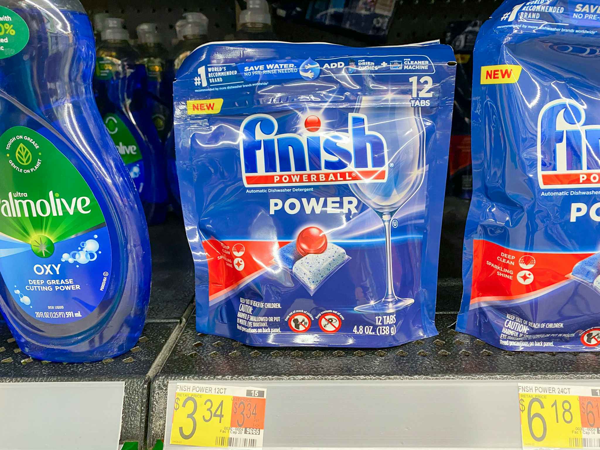 Finish Powerball 12-Count Tabs on shelf at Walmart. Price sticker on shelf reads $3.34.