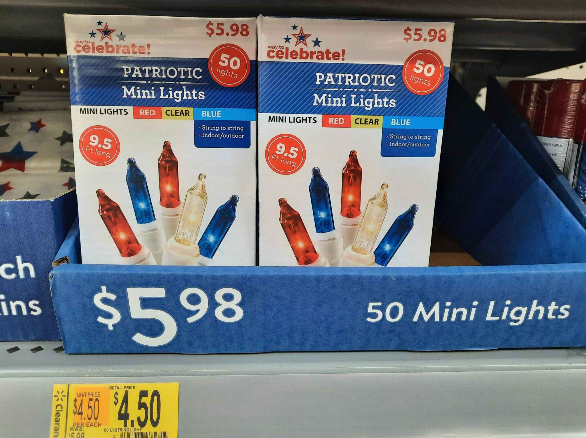 Fourth of July 50-Count Mini Lights on clearance at Walmart. Price tag indicates the price is $4.50, regularly $5.98.