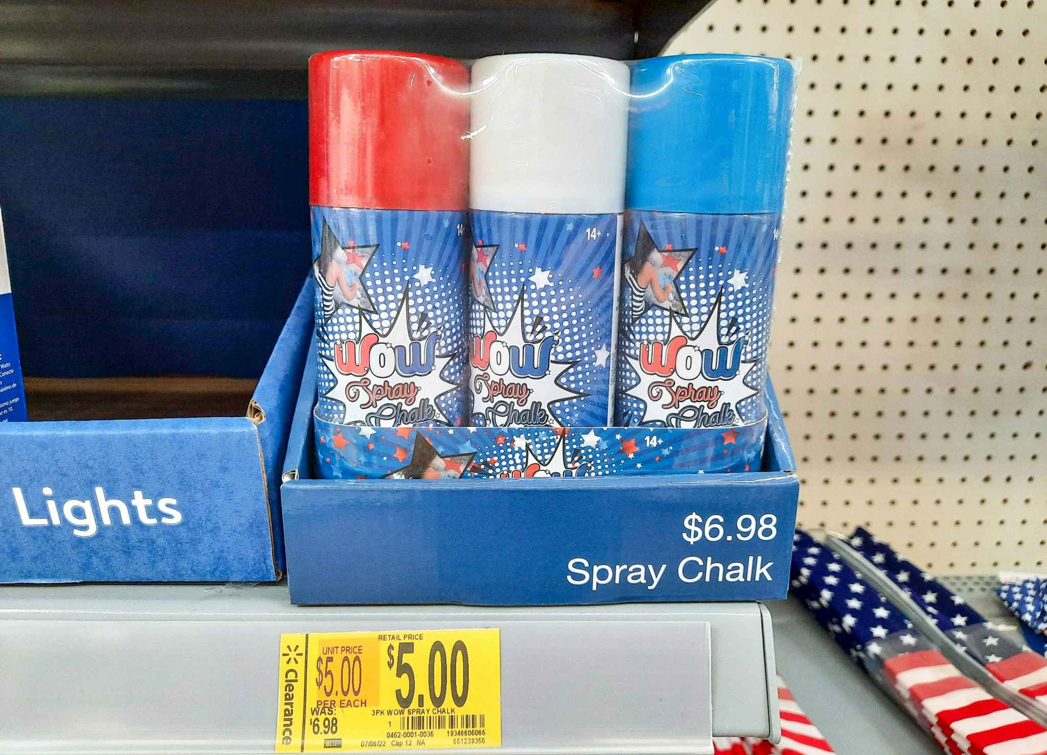 Patriotic Spray Chalk on clearance at Walmart. Price tag indicates the price is $5, regularly $6.98.