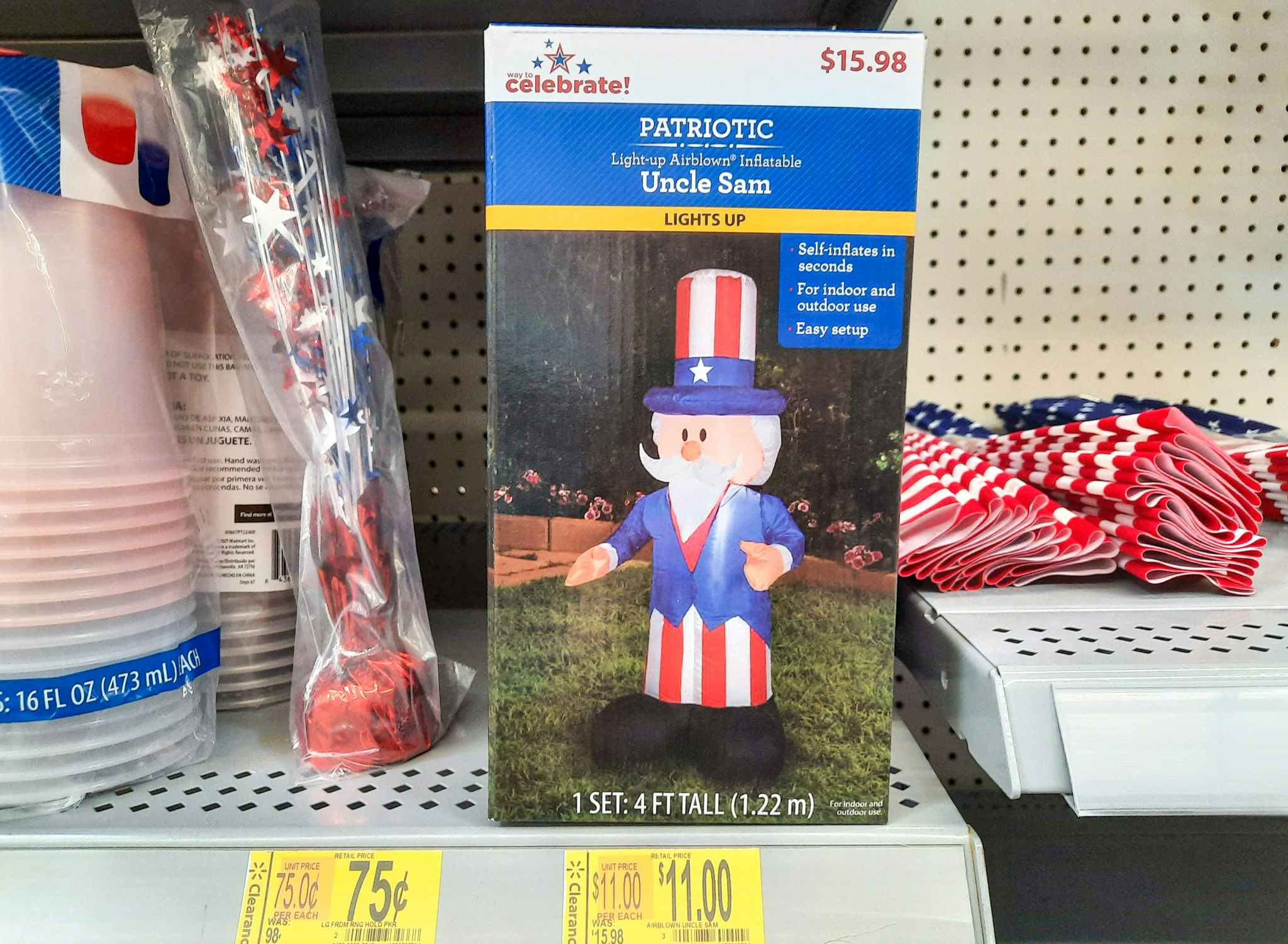 Fourth of July Uncle Sam Inflatable on clearance at Walmart. Price tag indicates the price is $11, regularly $15.98.