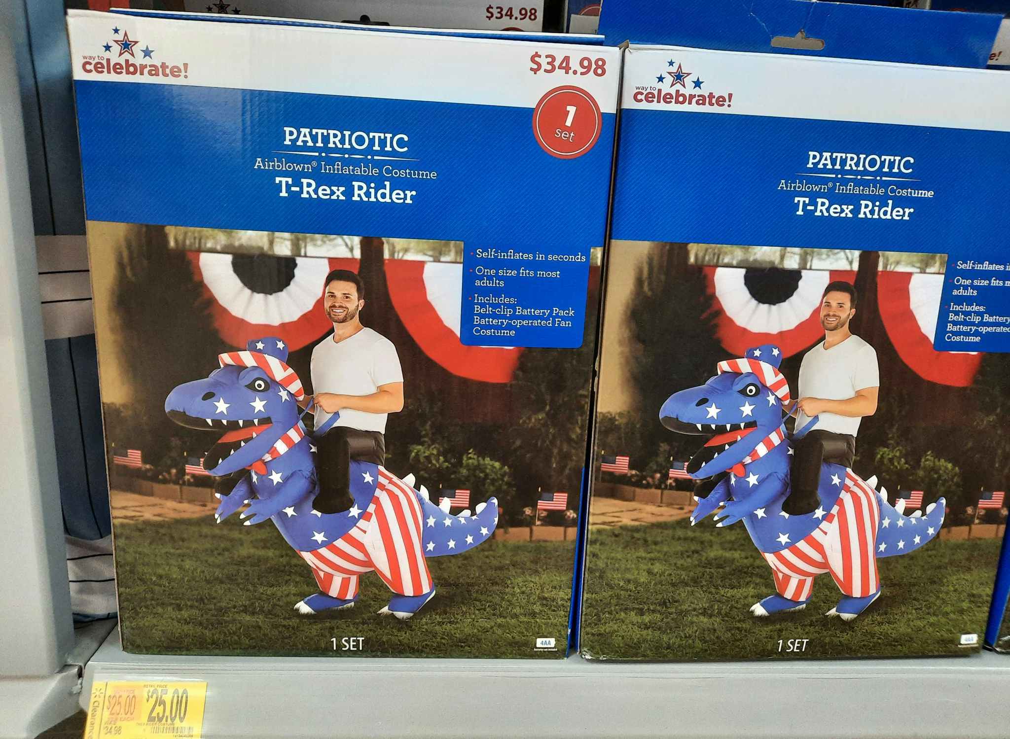 Fourth of July Patriotic Tyrannosaurus Rex Flag Rider Costume on clearance at Walmart. Price tag indicates the price is $25, regularly $34.98.