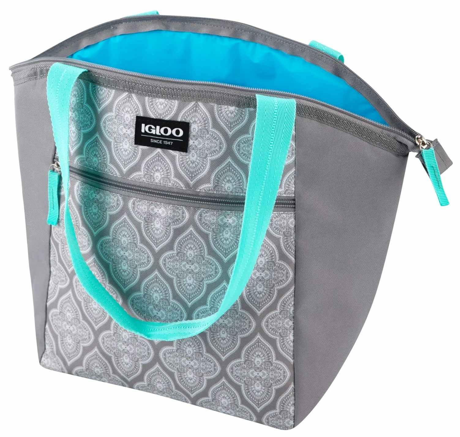 stock image of grey, teal, and white igloo lunch tote