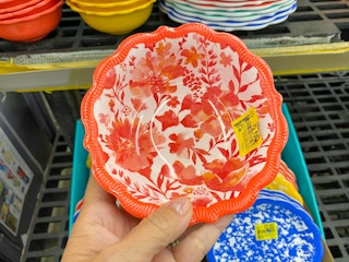 hand holding pioneer woman coral floral dip bowl at walmart