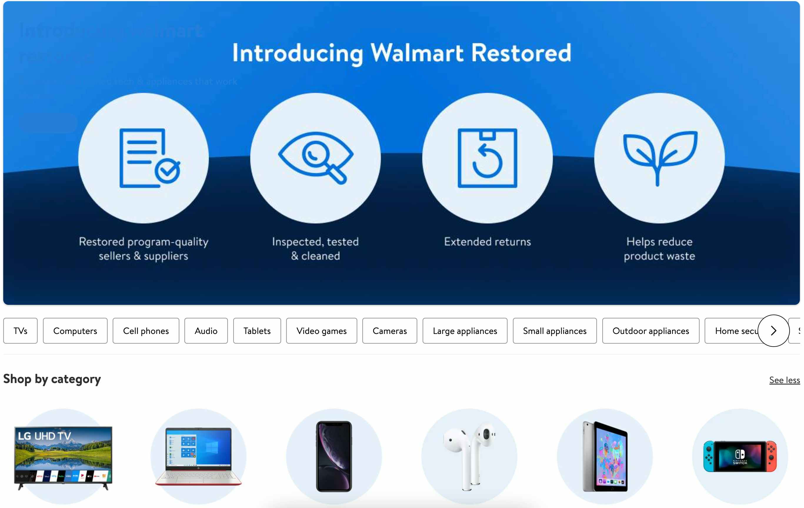 The Walmart Restored website landing page with refurbished products listed.