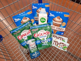 Blue Bunny, Cascade, Nutpods, and M&M's products in Walmart shopping cart