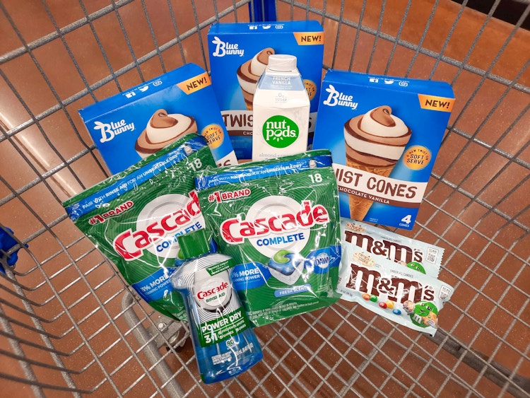 Blue Bunny, Cascade, Nutpods, and M&M's products in Walmart shopping cart
