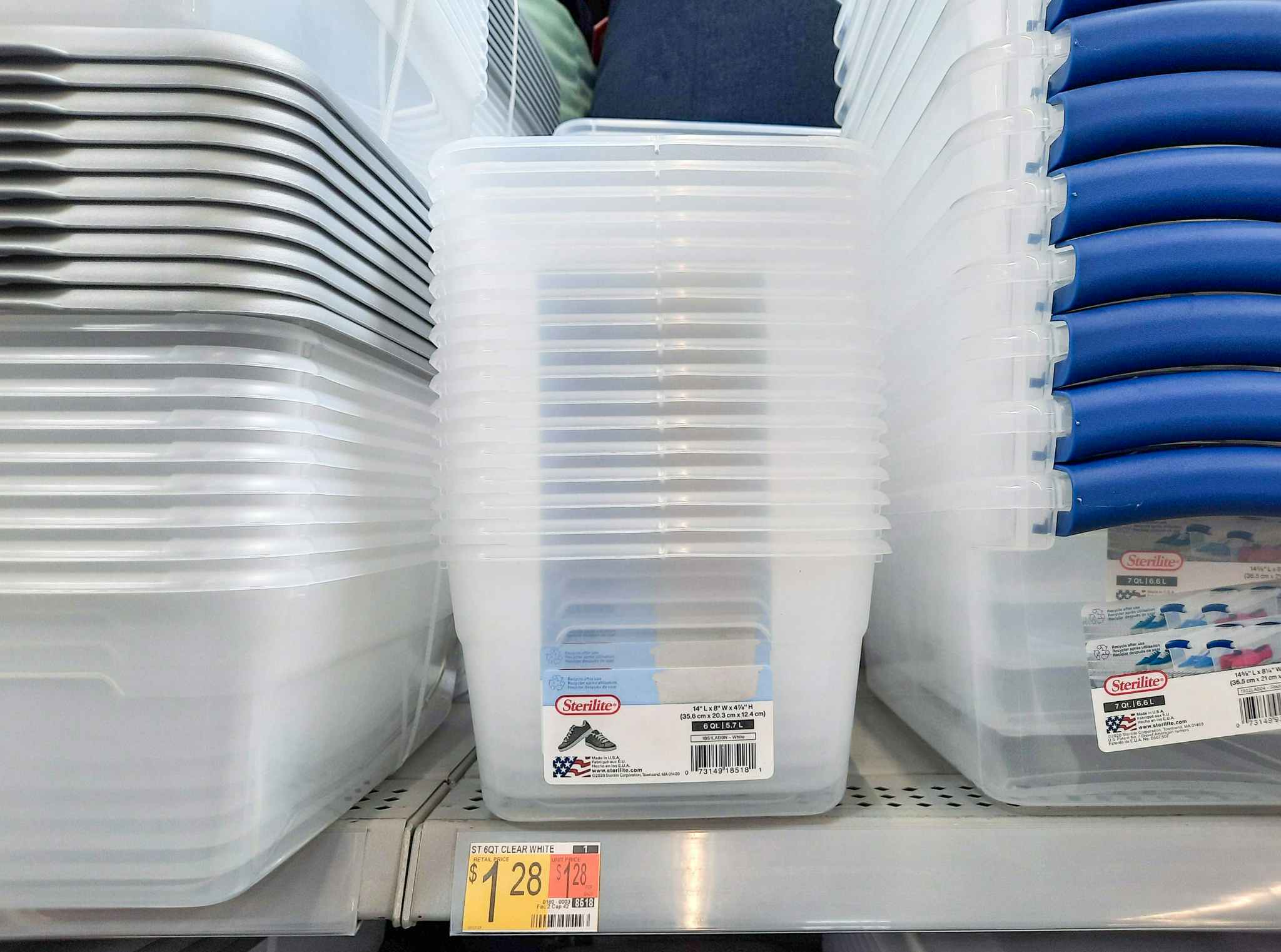 Six-Quart Sterilite Storage Box on shelf at Walmart