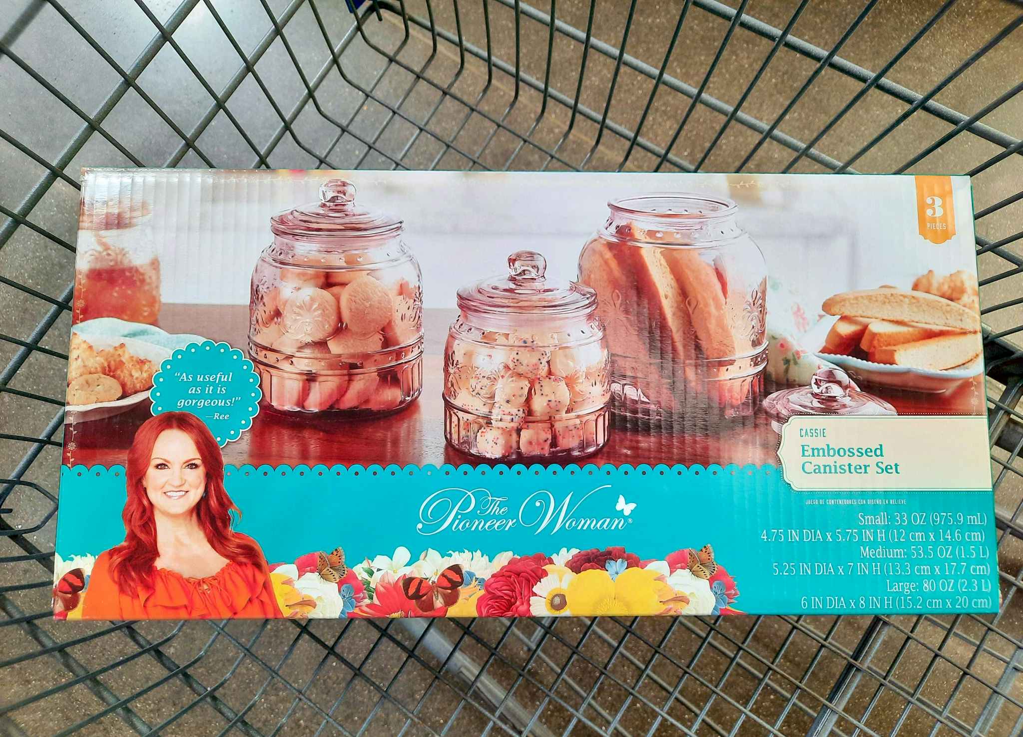The Pioneer Woman Cassie Glass Canister Set in Walmart shopping cart