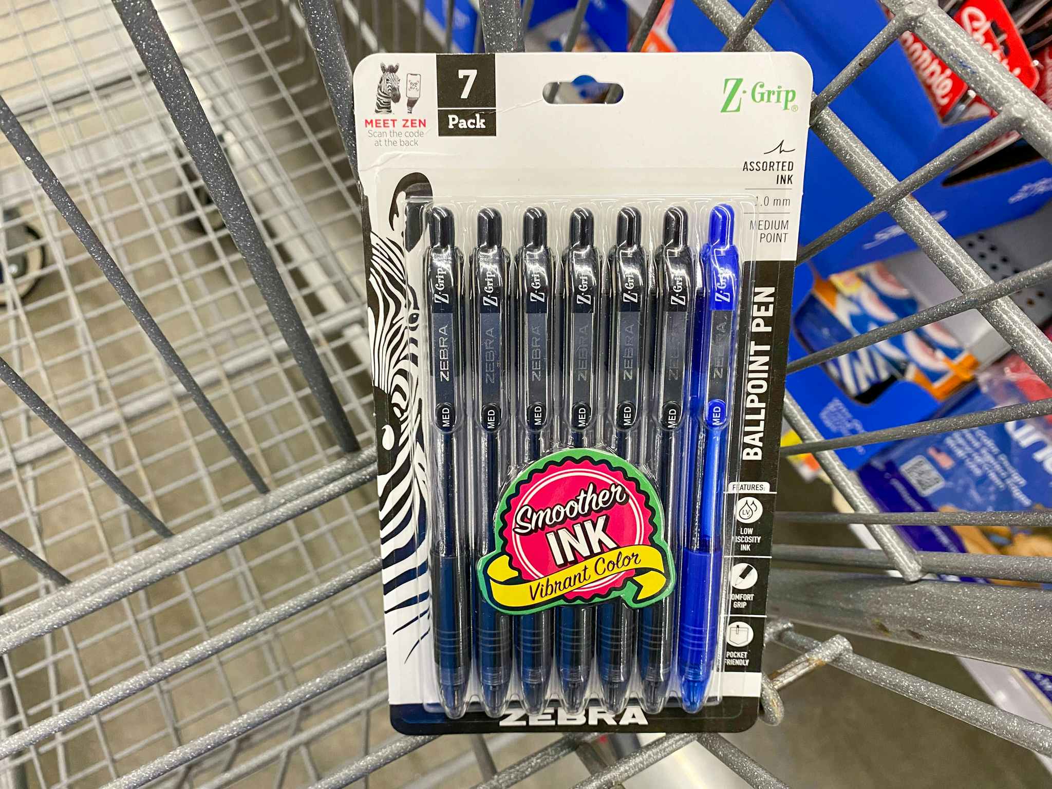 7-count package of Zebra Ballpoint Pens in Walmart shopping cart