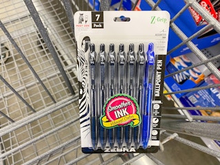 7-count package of Zebra Ballpoint Pens in Walmart shopping cart