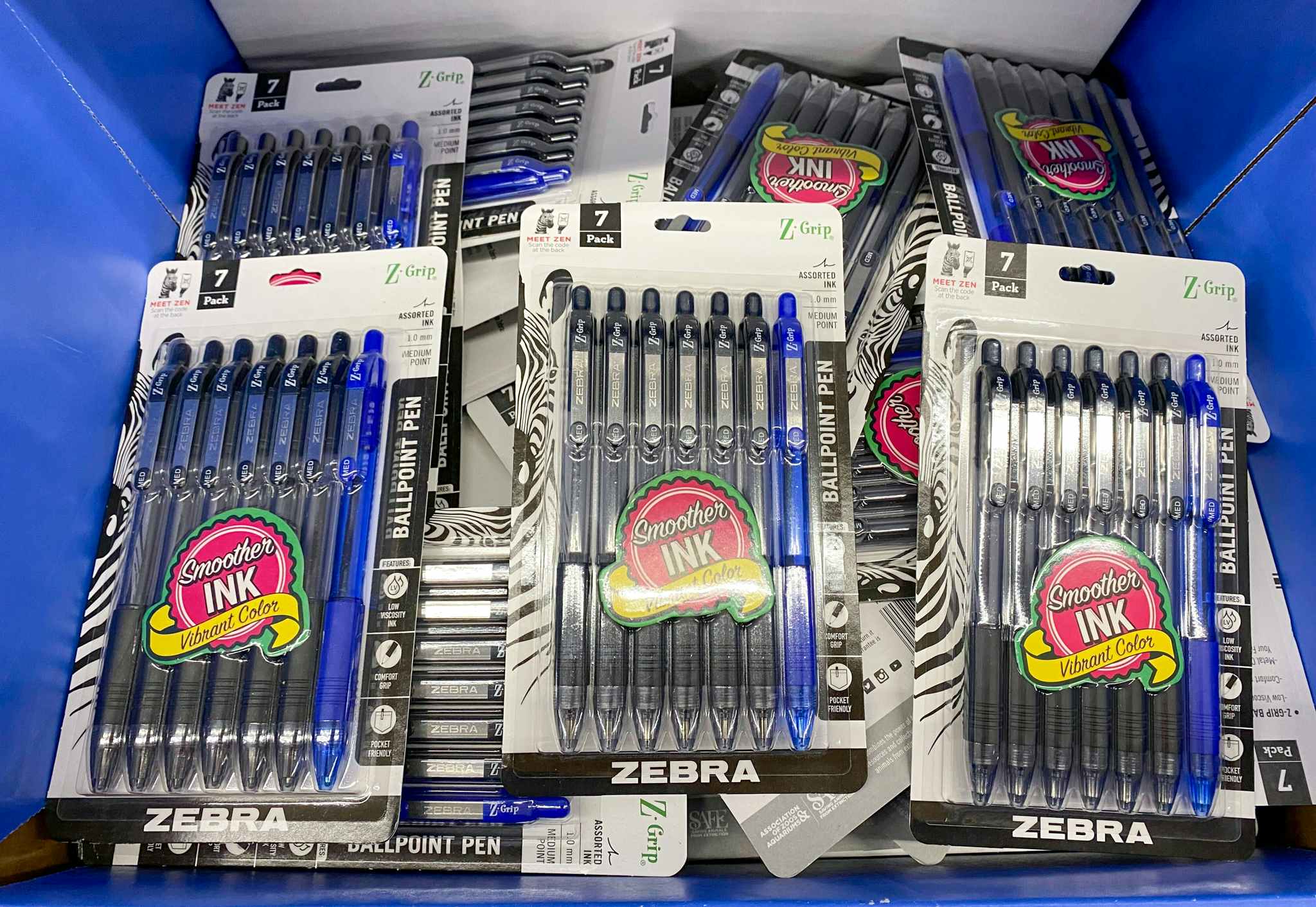 Display full of 7-count packages of Zebra Ballpoint Pens at Walmart