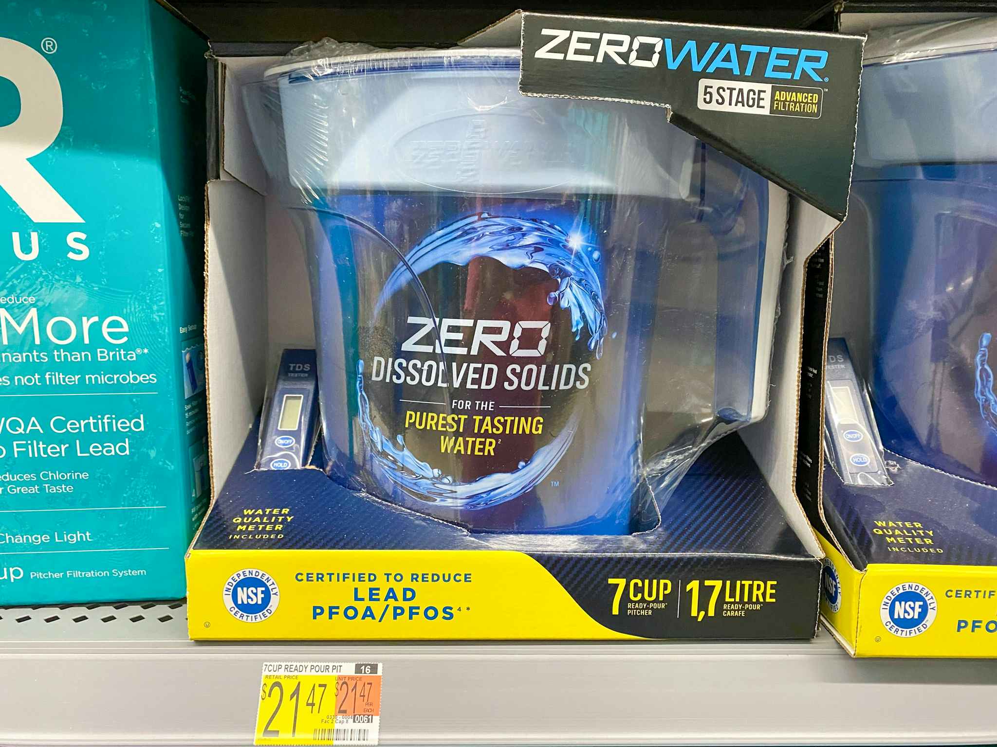 ZeroWater Pitcher on shelf at Walmart. Price tag indicates that the regular price is $21.47.