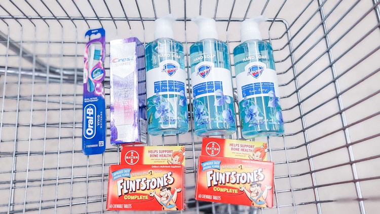 hand soap, crest toothpaste, oral-b toothbrush, abd flintstones vitamins